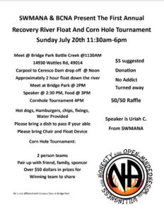 SWAMANA & BCNA Present 1st Annual Recovery River Float & Cornhole Tournament @ Historic Bridge Park | Battle Creek | Michigan | United States