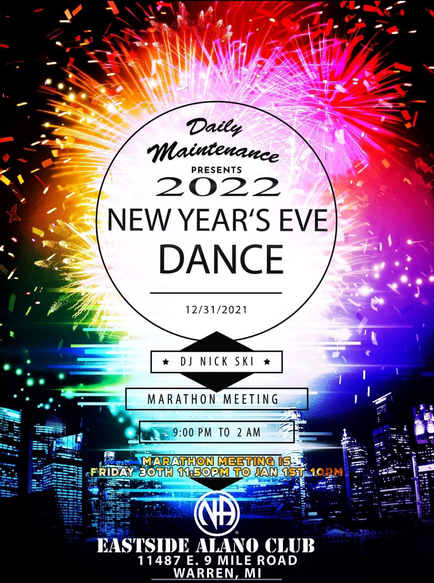 Daily Maintenance New Years Party @ Eastside Alano Club | Warren | Michigan | United States