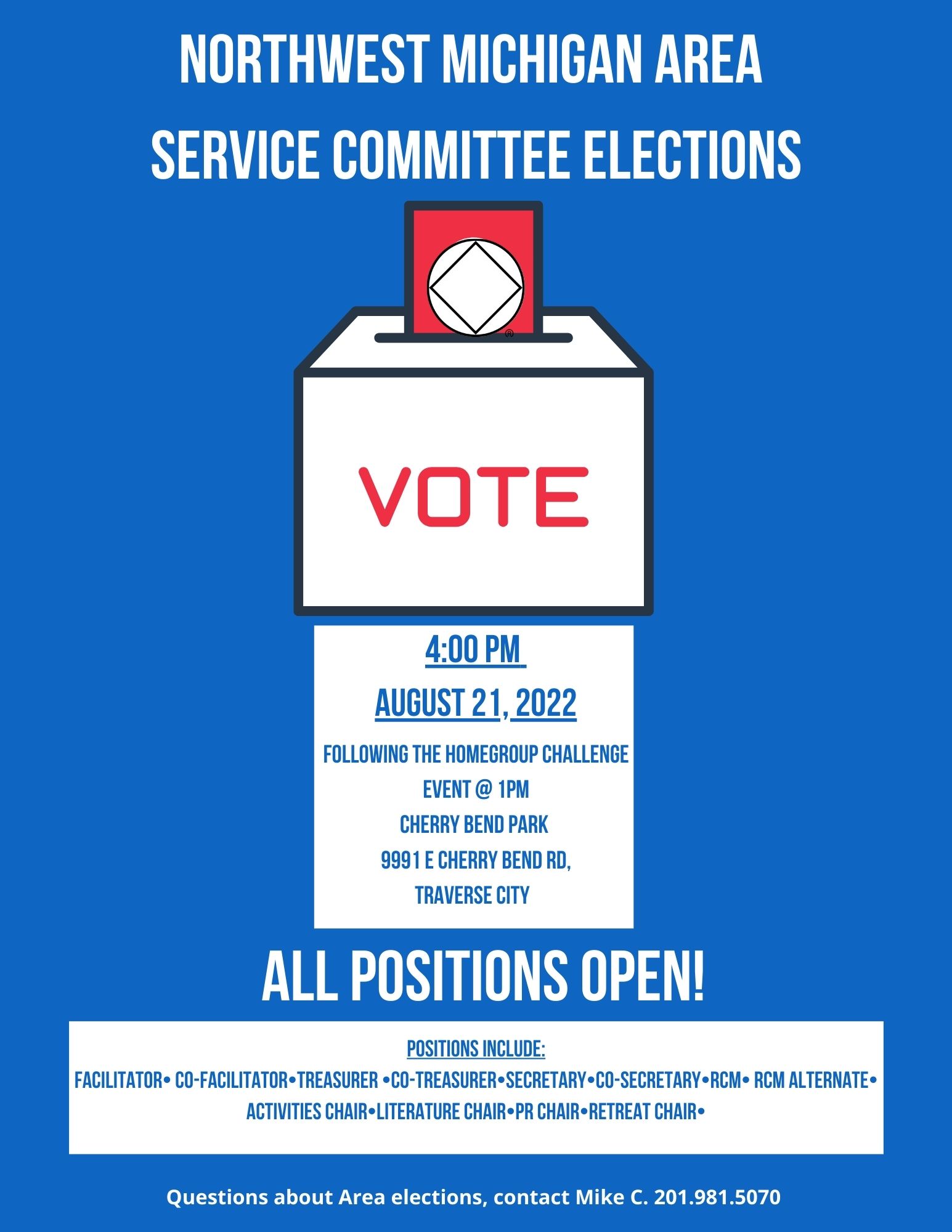 Northwest Area Service Committee Meeting and ELECTIONS!! @ Cherry Bend Park | Traverse City | Michigan | United States